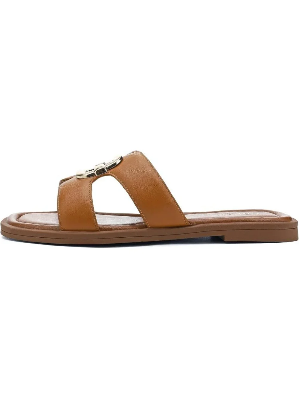 Women's All Brown Square Toe Flat Sandals Slides Dressy Comfortable for Beach